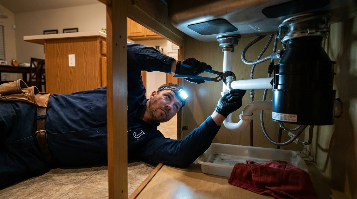 P-trap and supply line connections under a kitchen sink showing a common leak point in Brookhaven, MS